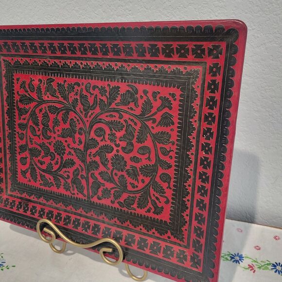 Vintage Olinala Mexican Folk Art Lacquered Wood Hand Painted Tray 16 x 12" Red/B - Picture 4 of 11